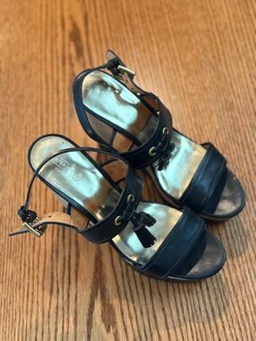 Coach Black Leather Tassel Ankle-Strap Wedges